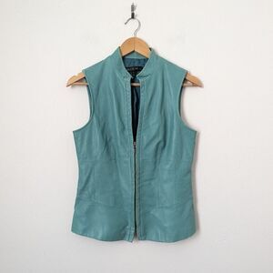 Vintage Lafayette 148 New York aqua teal leather zipper low collar vest